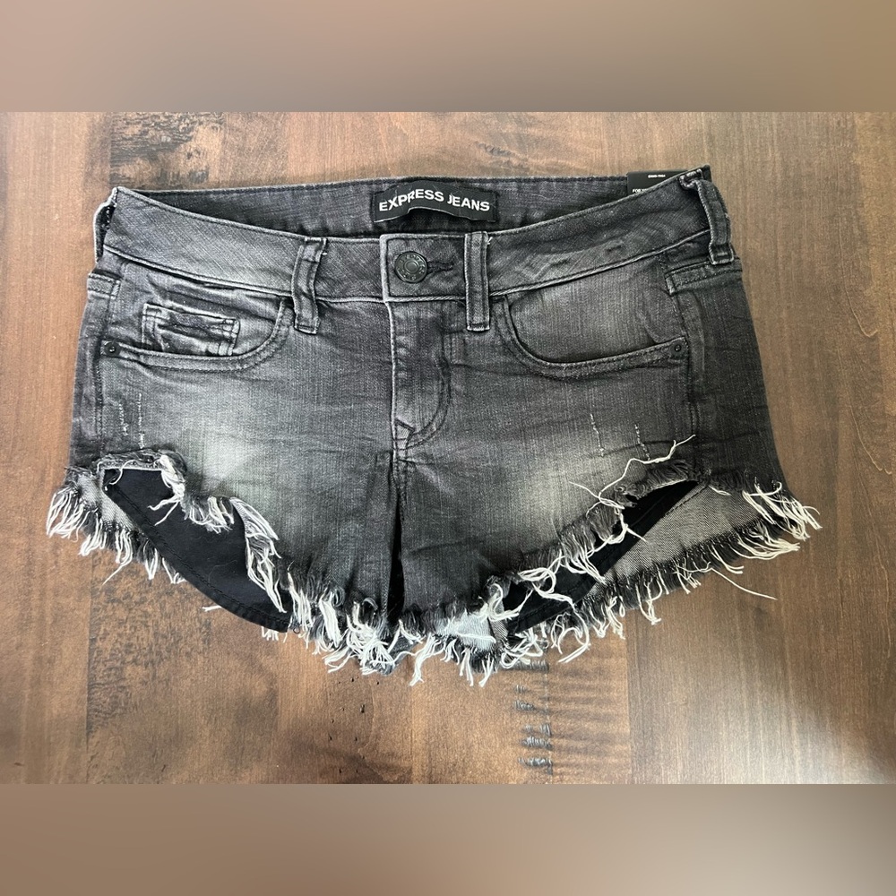 Express Black Jean Shorts with Distressed Hem